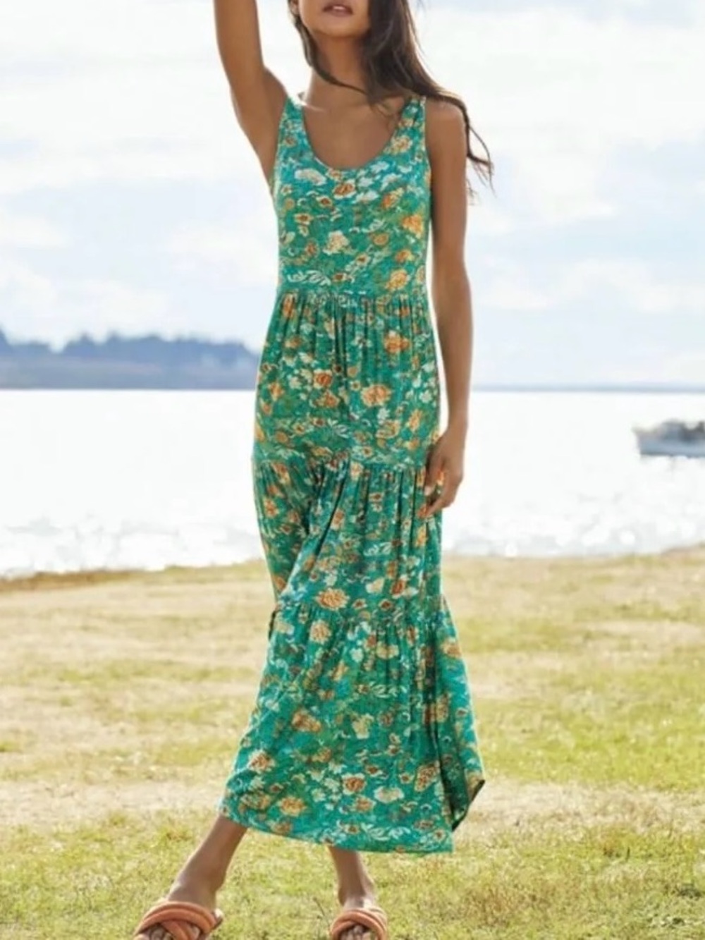 PERUVIAN CONNECTION Jade Garden Sleeveless Tiered Maxi Boho Hippie Pima cotton S